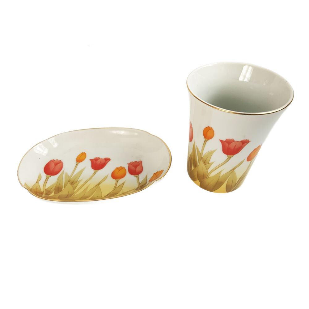 Vintage Otagiri Japan Soap Dish and Bathroom Cup tulips